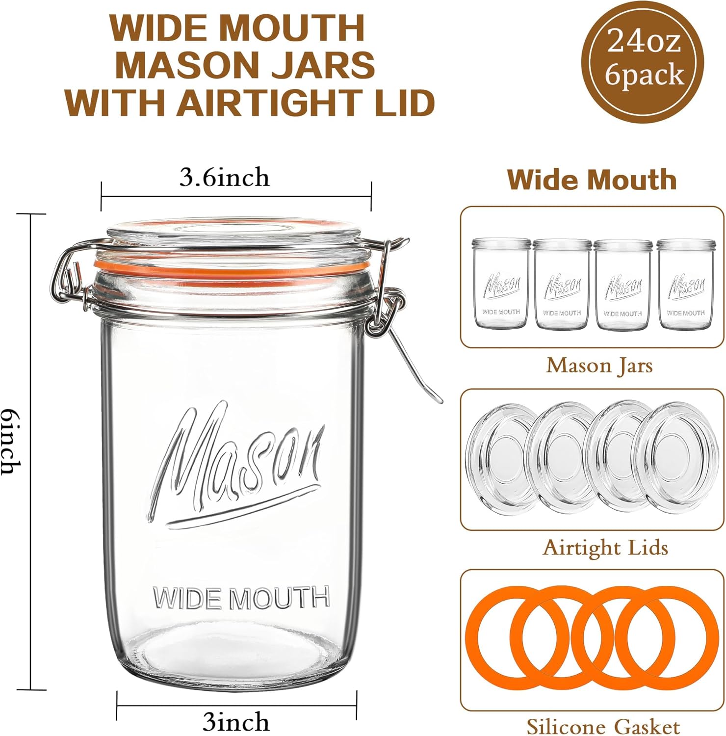 24oz Wide Mouth    Jars – 6 Pa - Meal Prep Glass のレビューと価格